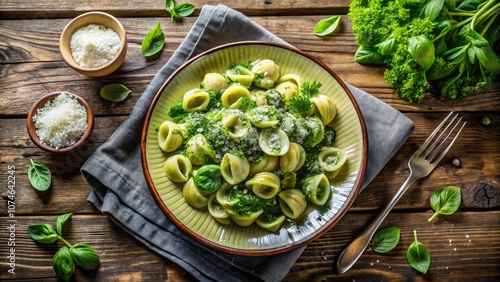Indulge in orecchiette tossed with lush turnip tops sauce, beautifully presented from above. This Italian classic promises exceptional flavors and a visually captivating experience.