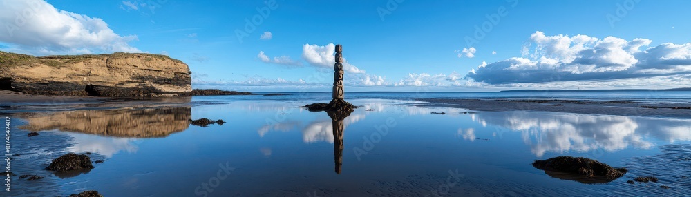Totem pole stands by tidal waters, serving as a cultural guidepost in nature's serene landscape. Totem pole stands by tidal waters, serving as a cultural guidepost in nature's serene landscape.