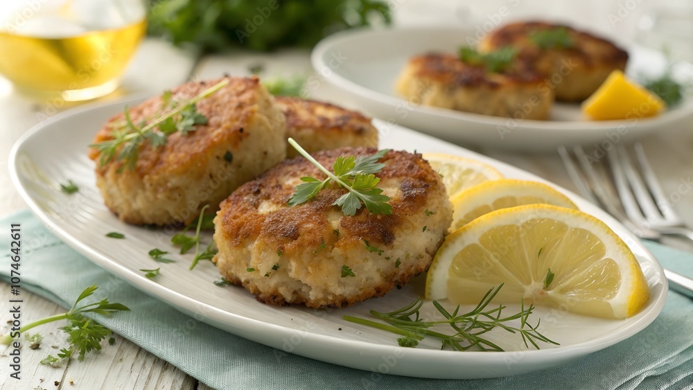 Crab cakes with herb garnish on plate Crab cakes with herb garnish on plate