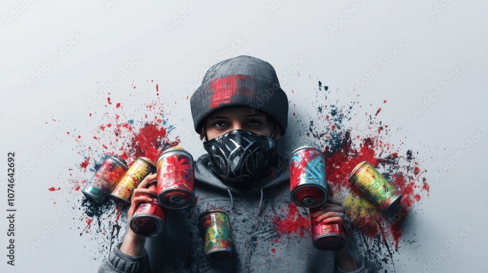Obraz premium Young Hispanic male wearing a mask and beanie, surrounded by colorful spray paint cans against a vibrant backdrop.