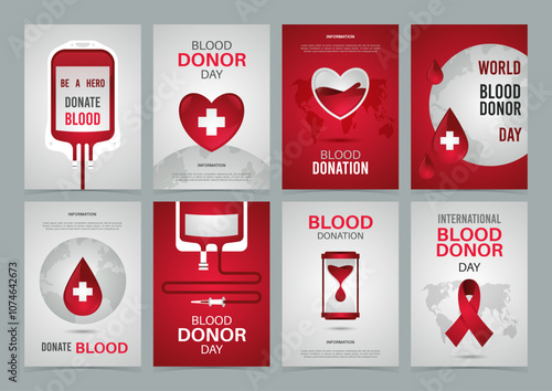 Blood donor cards. Charity and donation posters, ivs, hearts and ribbons, red medical elements, droppers and hourglass, medical banner or laboratory flyer, tidy vector healthcare cardiology set