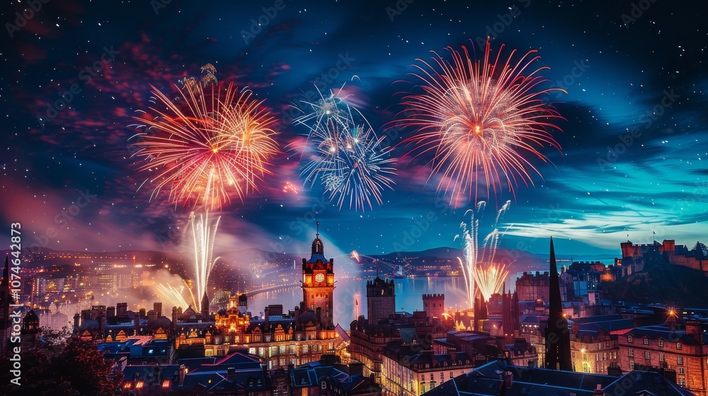 Scottish Hogmanay Festival. The night sky is illuminated by a dazzling display of fireworks, painting the cityscape with vibrant colors and creating a sense of awe and wonder. Scottish Hogmanay Festival. The night sky is illuminated by a dazzling display of fireworks, painting the cityscape with vibrant colors and creating a sense of awe and wonder.