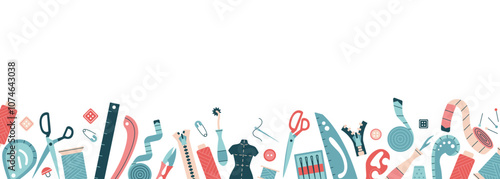 Bottom border frame with tools, elements and materials for atelier, dressmakers. Sewing, needlework banner template. Tailoring equipment and accessories. Isolated vector illustration.