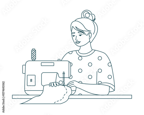 Young woman seamstress works on a sewing machine in line style. Dressmaker, needlework, hobby. Tailoring clothes at the workplace. Needlecraft. Isolated vector illustration