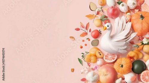 A colorful autumn display featuring various fruits and vegetables alongside a whimsical swan decoration