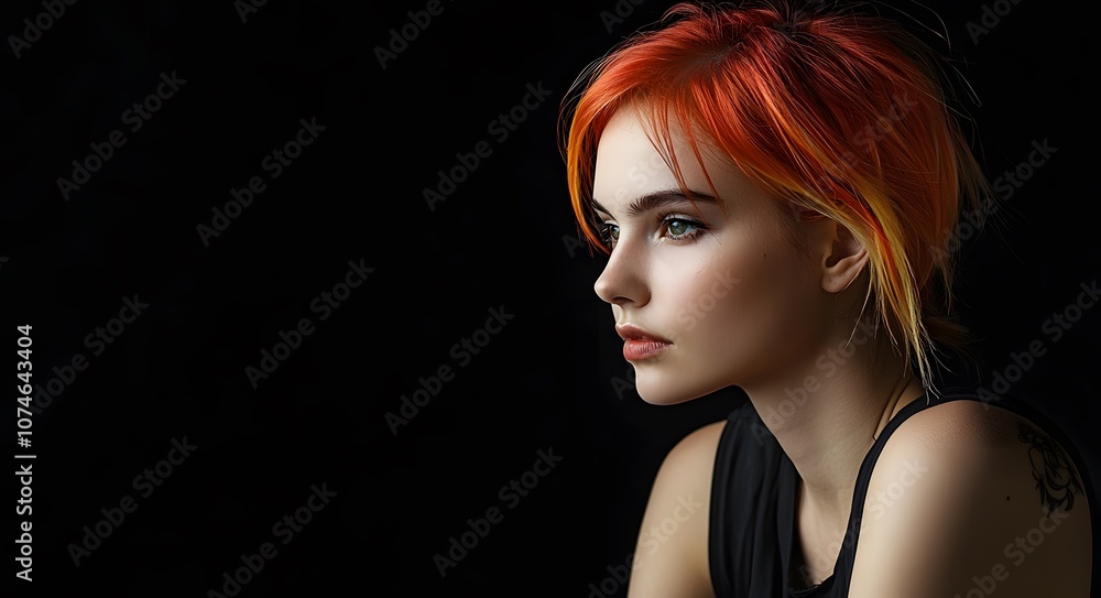 A young woman in a side profile view with a captivating hairstyle featuring fiery red and orange hues. Her hair falls in loose layers around her face, creating a dramatic yet natural look. A young woman in a side profile view with a captivating hairstyle featuring fiery red and orange hues. Her hair falls in loose layers around her face, creating a dramatic yet natural look.