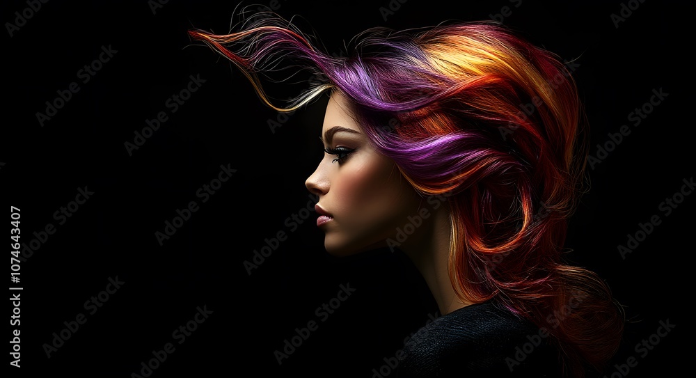 Fototapeta premium Aa dramatic side-profile portrait of a young woman with vibrant, multi-colored hair.