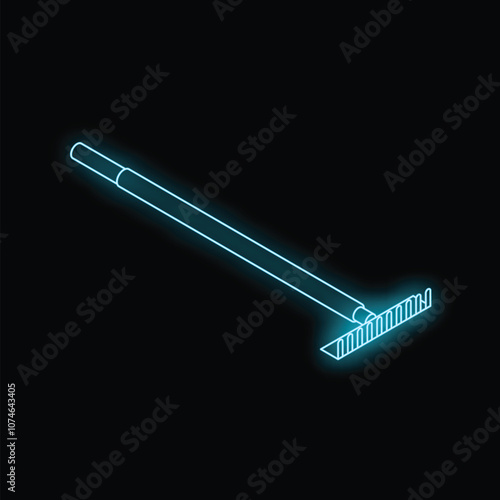 Isometric blue neon rake lying on black background