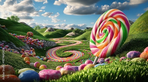 A vibrant landscape filled with giant candy, featuring a colorful lollipop in a whimsical, dreamlike setting. photo