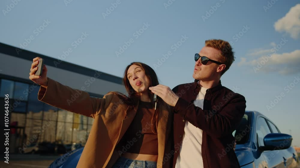 A young couple takes a selfie on their phone with the keys to a new car. Husband and wife in the parking lot on the background of the car A young couple takes a selfie on their phone with the keys to a new car. Husband and wife in the parking lot on the background of the car