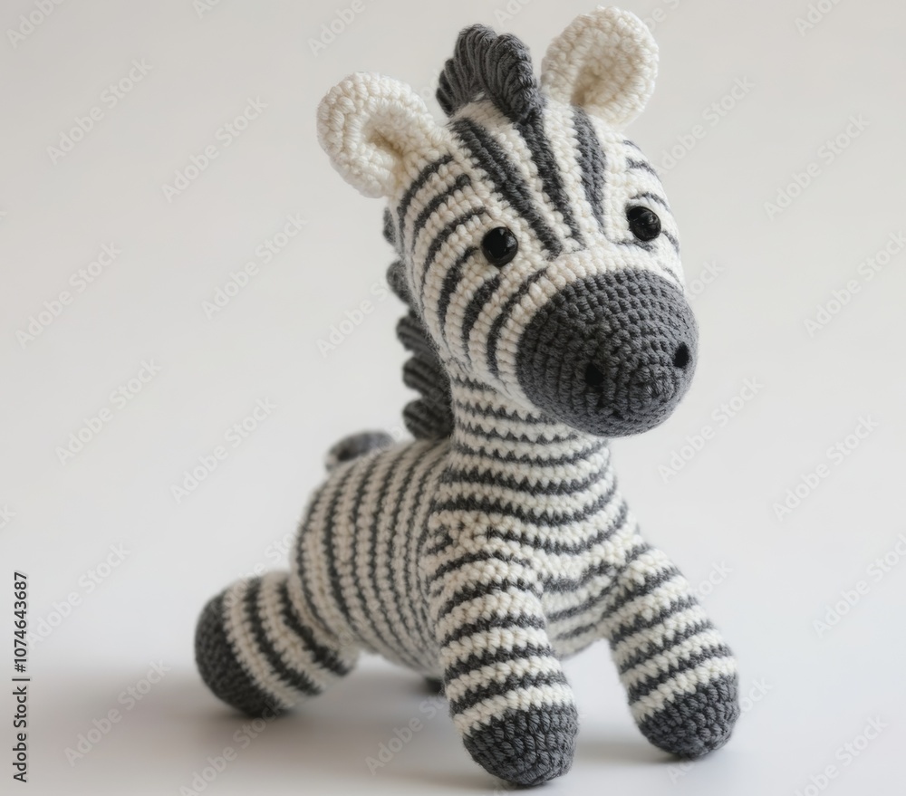 Fototapeta premium Amigurumi, nice handmade zebra on bright background, crochet pet animal 