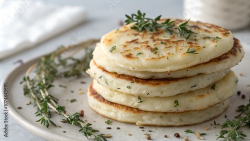 Stack of blini with cheese and herbs on a light background