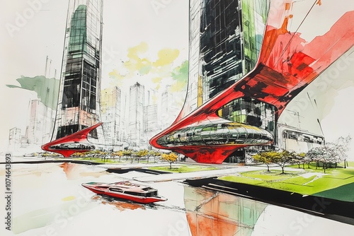 Dubai, City in the United Arab Emirates (UAE). Watercolor splash in Hand drawn sketch illustration in vector.
