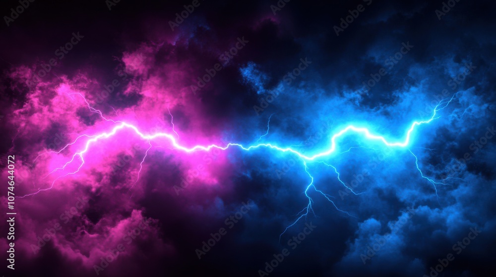 A striking display of vibrant pink and blue lightning slicing through dark, dramatic clouds. A striking display of vibrant pink and blue lightning slicing through dark, dramatic clouds.