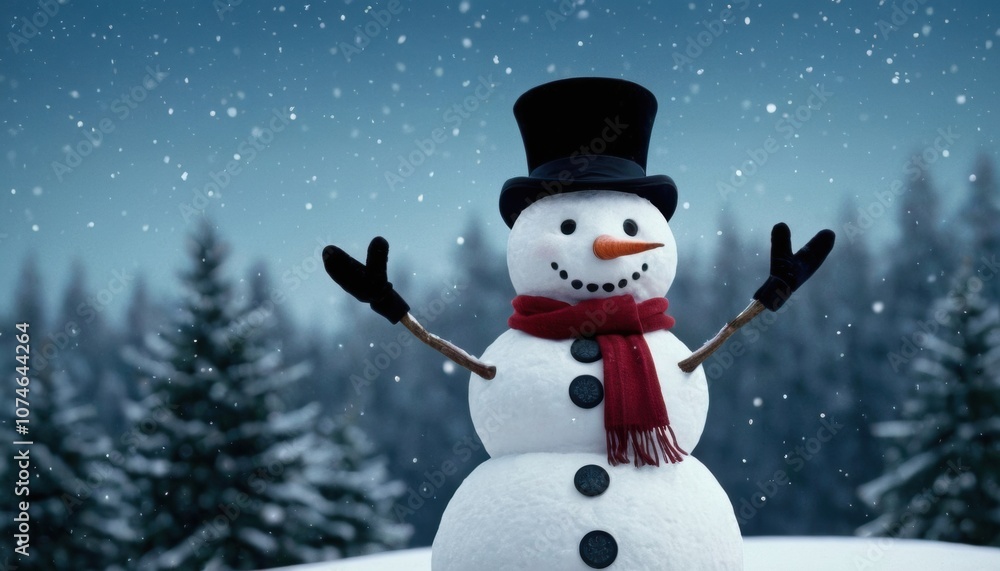 cheerful snowman stands proudly in a snowy forest setting during a winter evening, surrounded by gently falling snowflakes cheerful snowman stands proudly in a snowy forest setting during a winter evening, surrounded by gently falling snowflakes