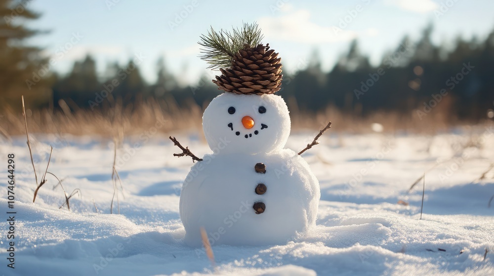 A cheerful snowman with a pine cone hat and twig arms stands in a snowy field. A cheerful snowman with a pine cone hat and twig arms stands in a snowy field.