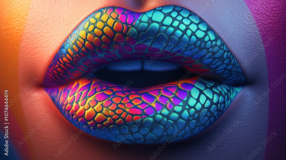 Close-up of vibrant, iridescent lips with a unique scaly texture, showcasing bold colors and artistic design. Close-up of vibrant, iridescent lips with a unique scaly texture, showcasing bold colors and artistic design.