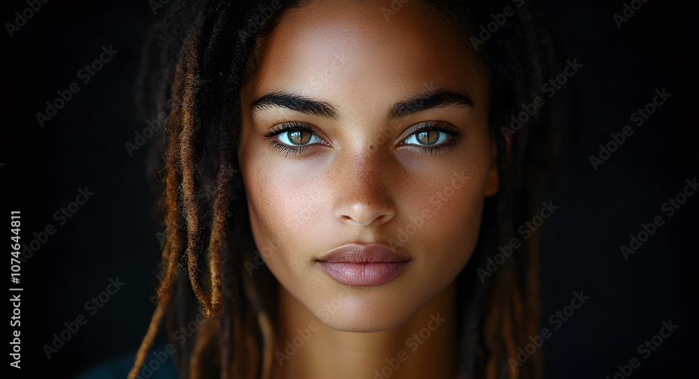 A young woman with striking eyes and a warm expression. Her hair is styled in loose, natural dreadlocks, with some strands framing her face, highlighting her sharp and symmetrical features. A young woman with striking eyes and a warm expression. Her hair is styled in loose, natural dreadlocks, with some strands framing her face, highlighting her sharp and symmetrical features.