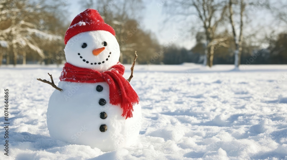 A happy snowman with a red hat and scarf stands in a snowy field, enjoying the winter sunshine. A happy snowman with a red hat and scarf stands in a snowy field, enjoying the winter sunshine.