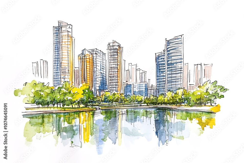 Obraz premium Building view with landmark of Curitiba is the capital of the southern Brazilian state of Parana. Watercolor splash with Hand drawn sketch illustration in vector. 