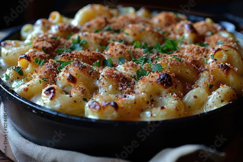 A Close-Up View of Creamy Mac and Cheese with Crunchy Topping and Parsley Garnish