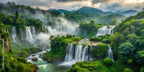 Gentle waterfalls cascade from misty cliffs, surrounded by lush greenery. Nature's exquisite beauty unfolds in vibrant detail, creating tranquil landscapes and stunning vistas that inspire awe.