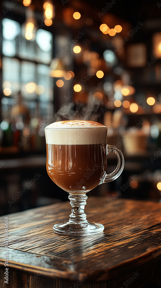 Steaming irish coffee sitting on a wooden table in a warm pub Steaming irish coffee sitting on a wooden table in a warm pub
