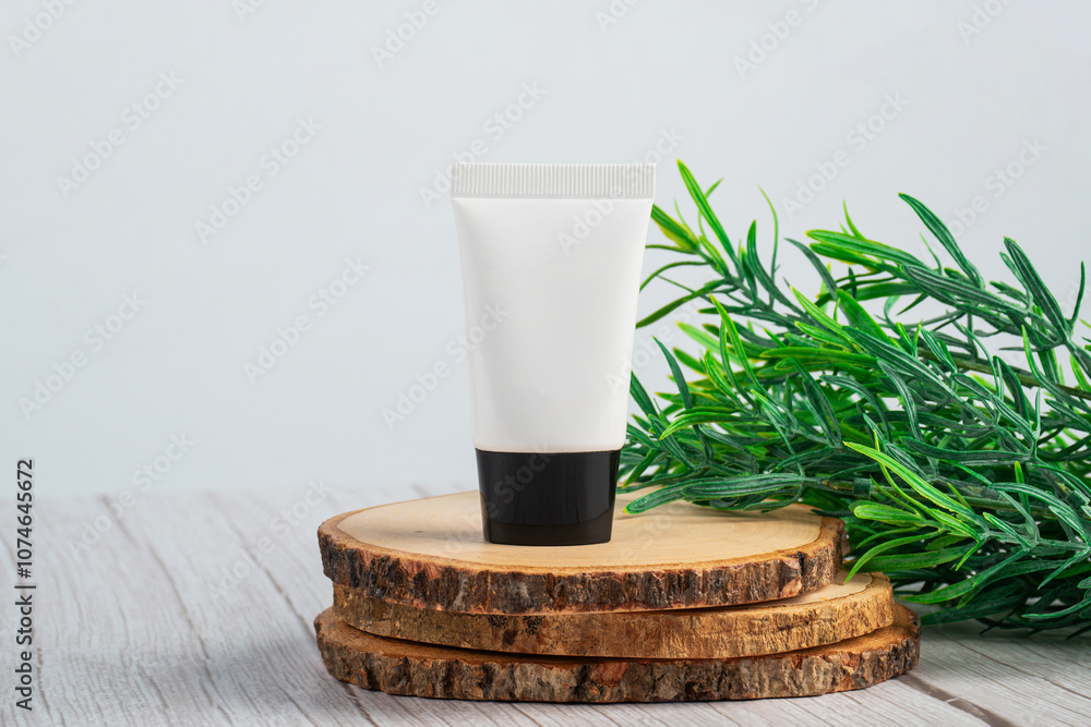 Plastic white tube for cream or lotion. Skin care or sunscreen cosmetic on white wood background. Plastic white tube for cream or lotion. Skin care or sunscreen cosmetic on white wood background.