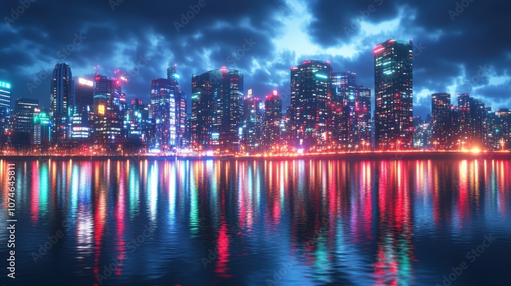 Fototapeta premium Vibrant city skyline at night, reflecting colorful lights on the water surface.