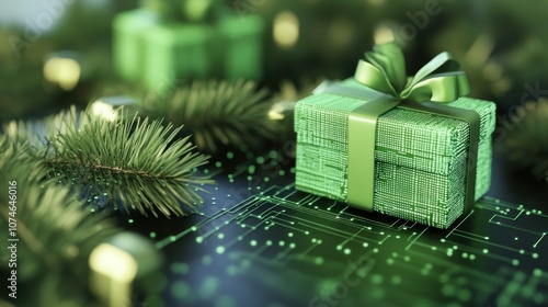 Small green gift box with pine branches and circuits