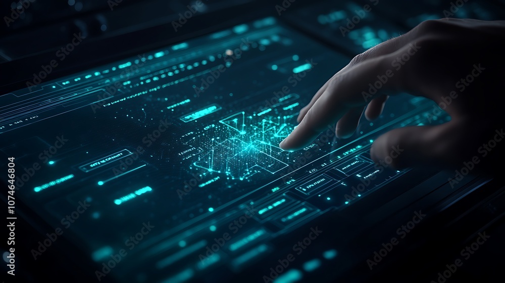 A hand interacts with a futuristic touchscreen interface displaying glowing data and digital patterns in a dark environment. A hand interacts with a futuristic touchscreen interface displaying glowing data and digital patterns in a dark environment.