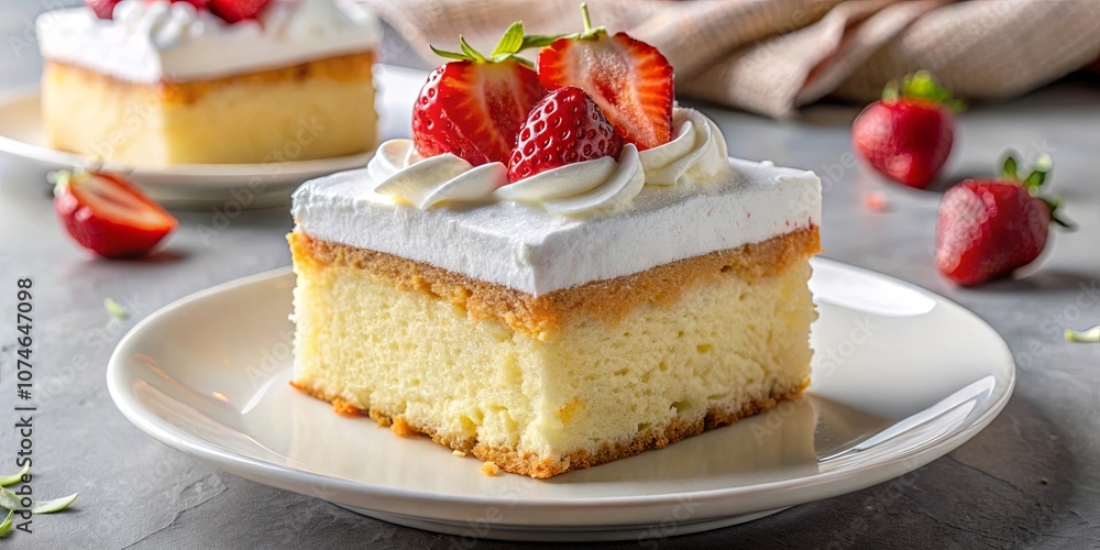 A slice of vanilla cake topped with whipped cream and fresh strawberries, sitting on a white plate A slice of vanilla cake topped with whipped cream and fresh strawberries, sitting on a white plate