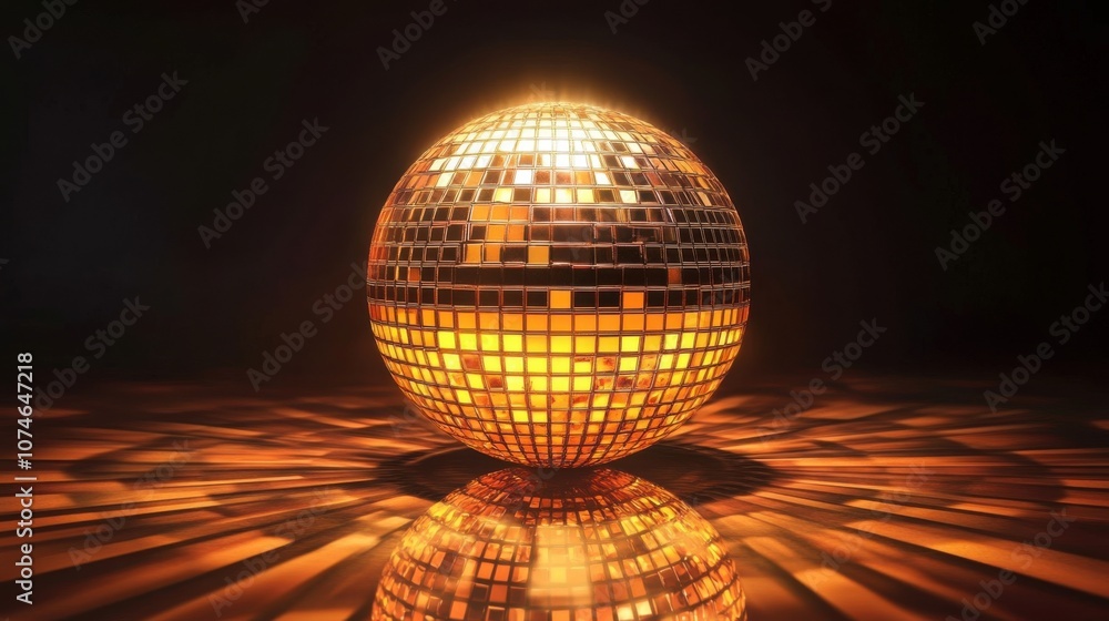 Obraz premium A shimmering golden disco ball reflecting vibrant light patterns against a dark backdrop.