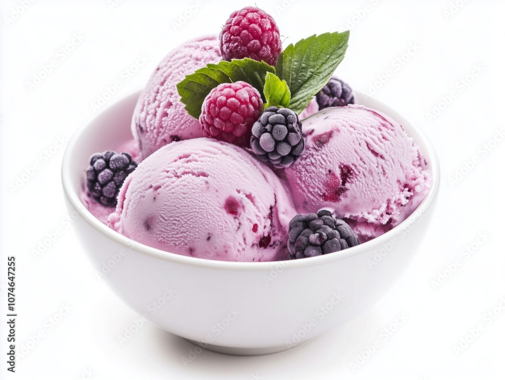 A bowl of pink berry ice cream, garnished with fresh mint and juicy raspberries and dewberries. This delightful dessert offers a refreshing, creamy taste with a visually appetizing presentation A bowl of pink berry ice cream, garnished with fresh mint and juicy raspberries and dewberries. This delightful dessert offers a refreshing, creamy taste with a visually appetizing presentation