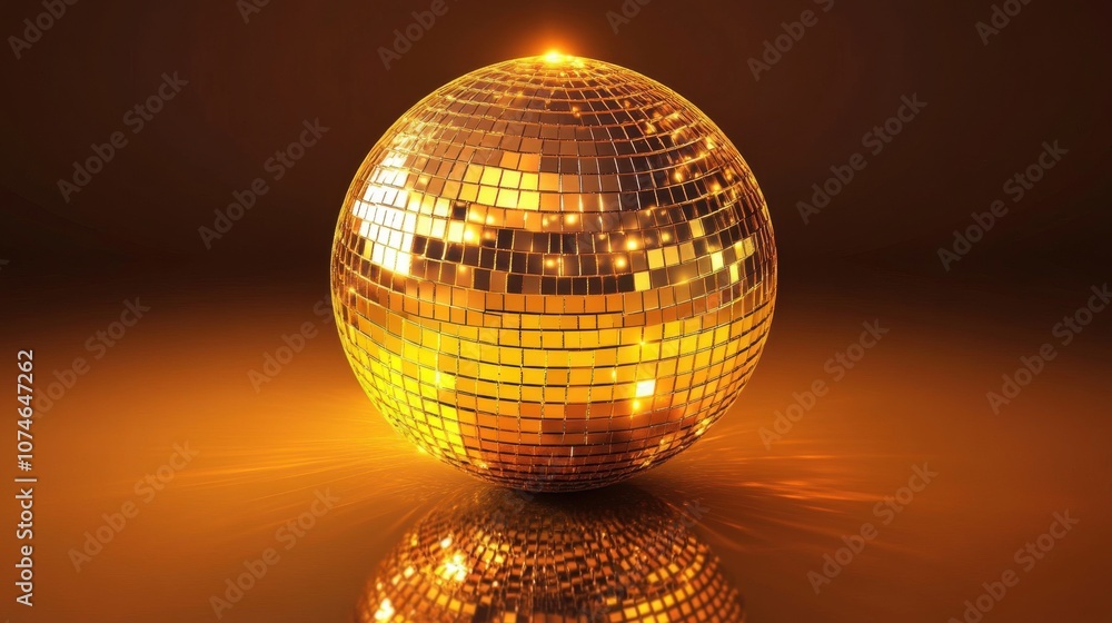 Obraz premium A stunning golden disco ball reflecting light, casting dazzling patterns in a warm, inviting atmosphere.
