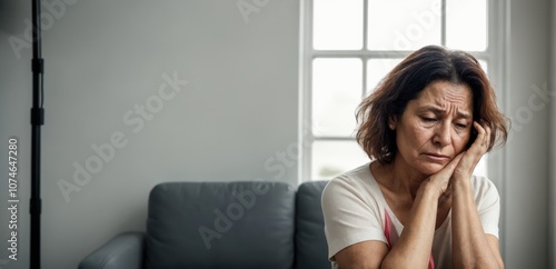 Stressed middle-aged woman clutching head in frustration against abstract background