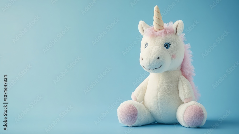 A white plush unicorn with a pink mane and horn sits against a light blue background. A white plush unicorn with a pink mane and horn sits against a light blue background.