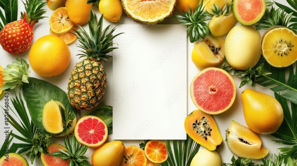 A vibrant arrangement of assorted fruits, including pineapple, grapefruit, and oranges, surrounding an empty white space. A vibrant arrangement of assorted fruits, including pineapple, grapefruit, and oranges, surrounding an empty white space.