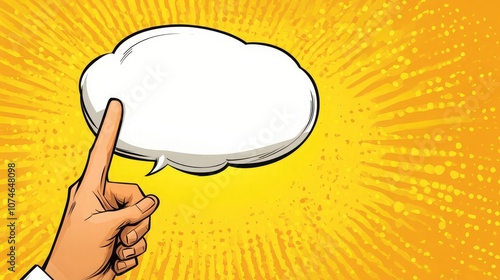 A hand with a finger pointed up, pointing to a speech bubble with blank space for your text.