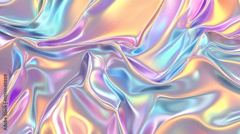 An iridescent fabric folds seamlessly, showcasing a mesmerizing blend of pastel colors and smooth texture. An iridescent fabric folds seamlessly, showcasing a mesmerizing blend of pastel colors and smooth texture.