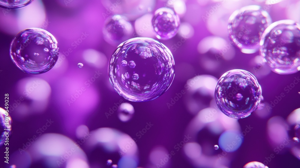 A vibrant display of translucent bubbles floating gracefully in a dreamy purple atmosphere. A vibrant display of translucent bubbles floating gracefully in a dreamy purple atmosphere.