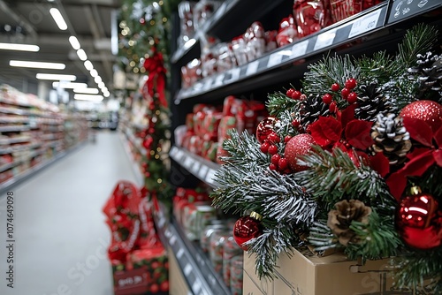 A festive Christmas tree with glittering ornaments and golden balls adorns a shop window, inviting shoppers to embrace the holiday spirit photo