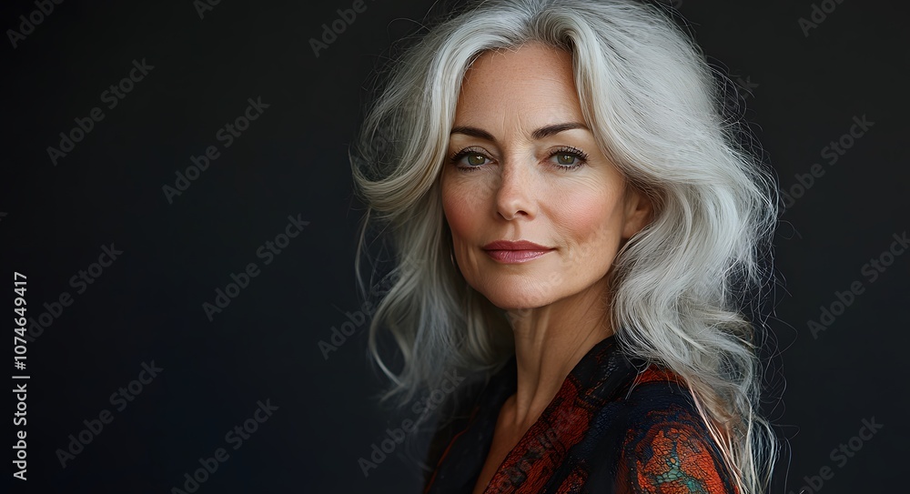 A portrait of a graceful older woman with beautiful silver hair styled in soft, natural waves. A portrait of a graceful older woman with beautiful silver hair styled in soft, natural waves.