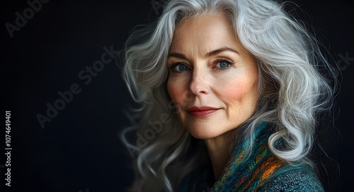 A portrait of a graceful older woman with beautiful silver hair styled in soft, natural waves.