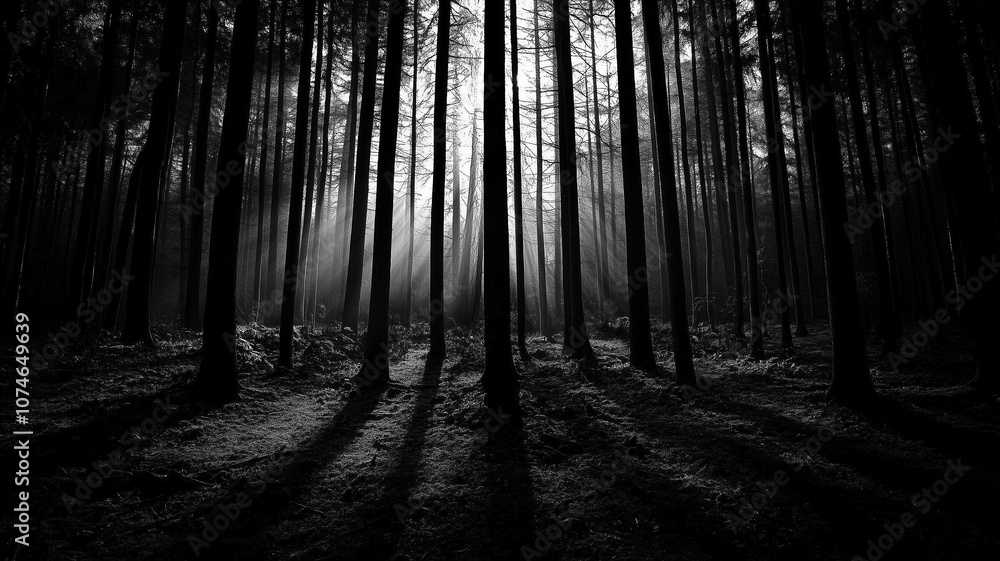 Naklejka premium Mysterious dark forest with tall trees and dramatic rays of light breaking through, creating a mystical and atmospheric scene