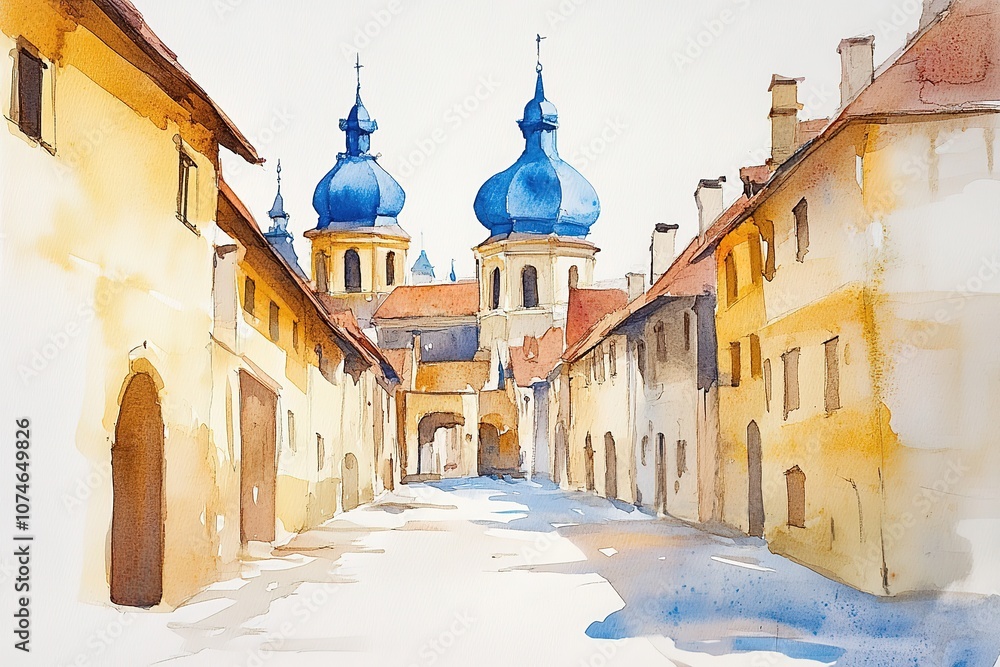 Fototapeta premium Beautiful czech small european town hand drawn watercolor illustration poster oil canvas acrylic painting 