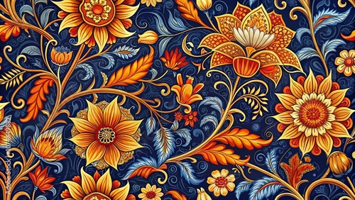 Intricate Floral Pattern With Sunflowers, Vines, and Delicate Blossoms on a Deep Blue Background