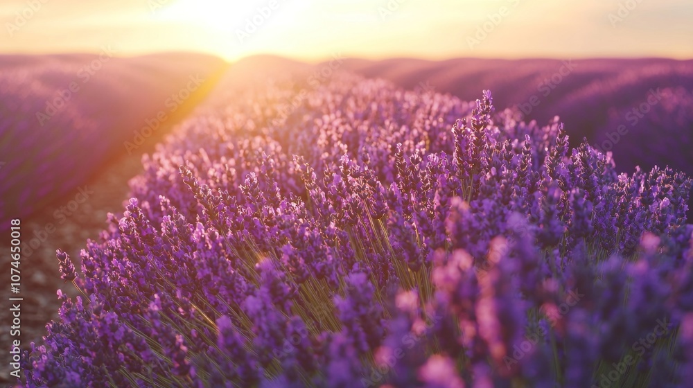 Obraz premium Lavender Field in Vibrant Bloom Bathed in Golden Sunset Light