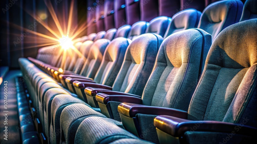 Obraz premium Empty theater seats illuminated under a spotlight, captured in macro photography. The dramatic lighting enhances the cinematic atmosphere, inspiring an intimate setting rich in stunning details.