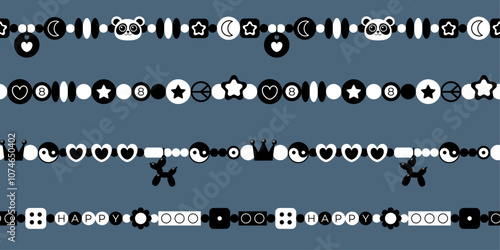 Retro beads bracelets seamless pattern in black, white colors.  Plastic friendship accessories elements print, y2k background for textile, wrapping paper, fabric, cover, wallpaper. Vector